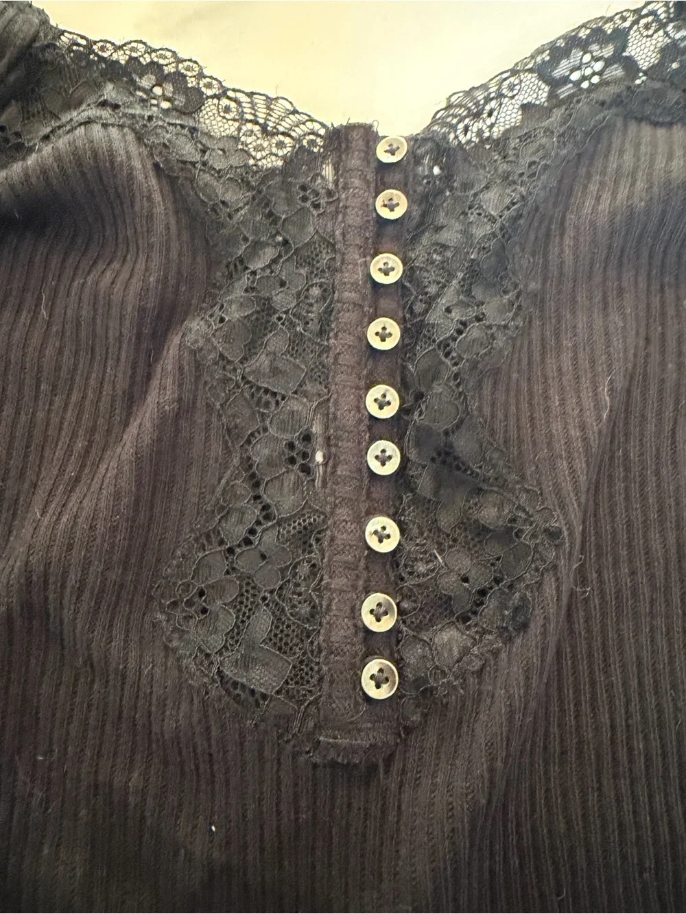 Free People Black Ribbed Lace-Trim Henley Top